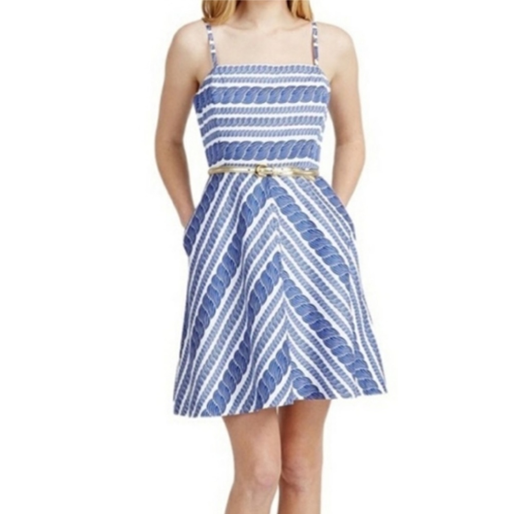 Vineyard Vines women's fit and flare blue and white rope print a-line dress.